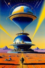 Fototapeta na wymiar Giant radioactive towering astrolabe, alien world, space station, Generative AI Art Illustration 05