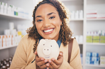 Pharmacy, piggy bank and portrait of woman with money, financial savings and payment for medical...