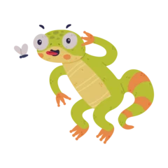 Fotobehang Funny Green Gecko Character Catching Fly with Tongue Vector Illustration © topvectors