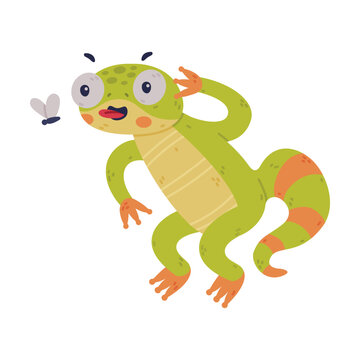 Funny Green Gecko Character Catching Fly with Tongue Vector Illustration