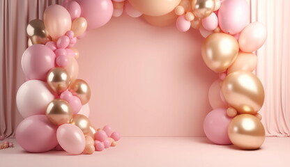 Pink and gold balloons with a frame, empty space background. Based on Generative Ai.