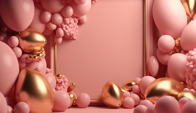 Pink and gold balloons with a frame, empty space background. Based on Generative Ai.
