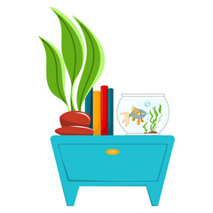 Cartoon beside cabinet with books, home plant and aquarium. Bedroom element.