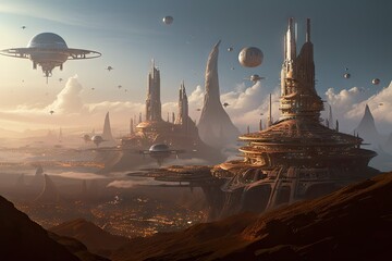 a bustling metropolis of domes and spires on a distant planet, with spacecraft taking off from a nearby spaceport, created with generative ai