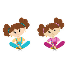 Sitting girl. Cartoon illustration. In two variants.