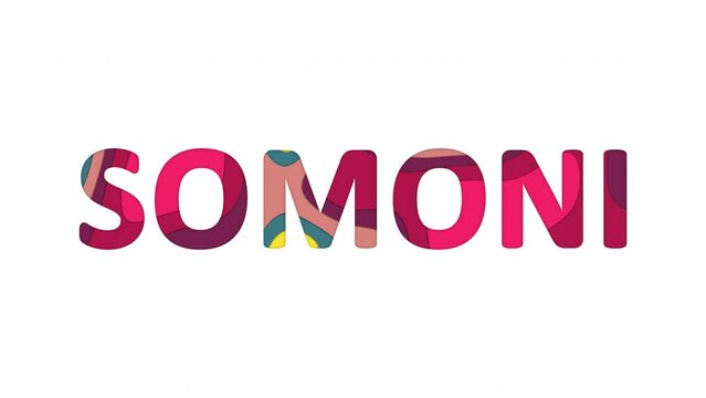 Multi-colored inscription Currency name SOMONI with colored spots floating inside. Looped from frame 120 to 839, Alpha BW at the end