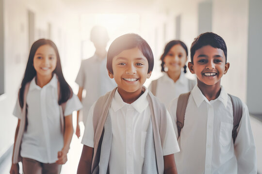 Group of smiling Indian children walking down a school corridor. Generative AI