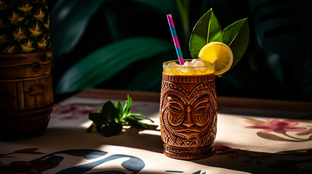 A classic tiki cocktail made with rum, orange liqueur, lime juice, and almond syrup. Generative AI image.