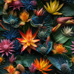 Fototapeta na wymiar Exotic flowers. Seamless pattern for continuous replicate. Floral background, photo collage for production of textile, cotton fabric. For use in wallpaper, covers. generative AI 