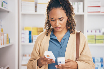 Pharmacy, customer or woman with doubt about medicine or healthcare products or medication in...