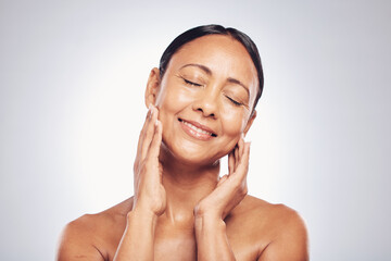Old woman, smile on face and antiaging skincare, beauty and dermatology with natural cosmetics...
