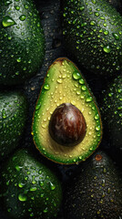 Avocado on a black background with water drops. Close-up. generative AI