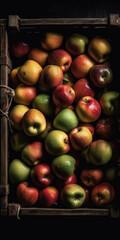 Variety of Apples in an old wooden box. Toned. top view
green and red apples. generative AI