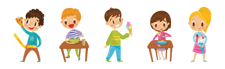 Cute Boy and Girl Character Eating Healthy and Fast Food for Lunch Vector Set