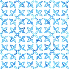 Behang Portugese tegeltjes Blue and white seamless watercolor pattern tile. Grunge paper texture. Cute summer or spring print.