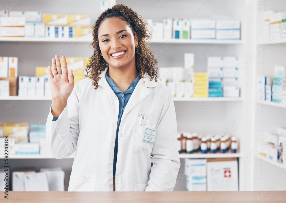 Poster Wave, pharmacist or portrait of woman in pharmacy with smile in customer services or wellness clinic. Healthcare help desk, welcome or happy doctor with hello greeting by medication on drugstore