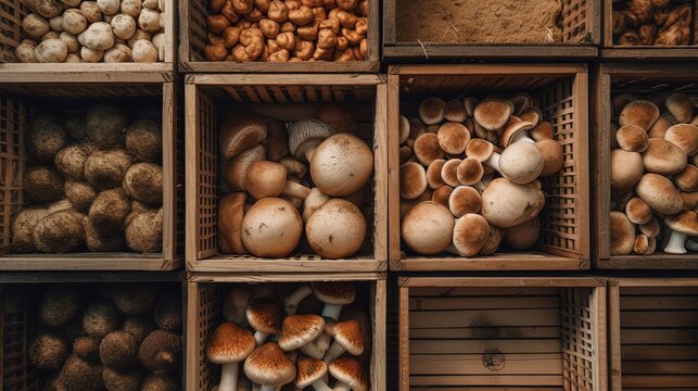 beautiful close up photo of a lot of mushroom in wooden box in harvest season, idea for organic farm product concept, Generative Ai