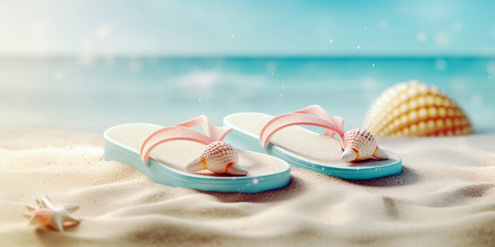 Flip- flops on the sand  on sea shore with shells. Beach vacation concept. Created with generative Ai technology.