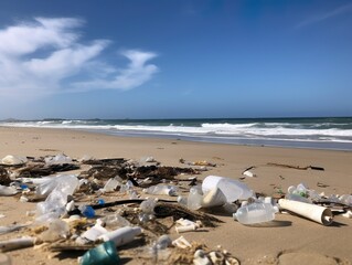 Beach with a large amount of garbage and plastic waste. Created by generative AI