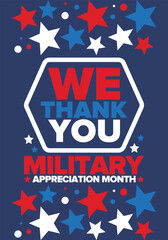 Obraz premium National Military Appreciation Month in May. Annual Armed Forces Celebration Month in United States. Patriotic american elements. Poster, card, banner and background. Vector illustration
