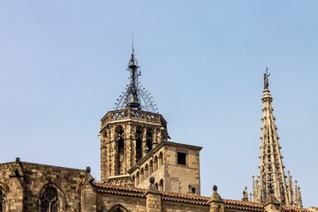 Bell tower of The Cathedral of the Holy Cross and Saint Eulalia in Barcelona, Spain