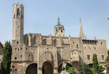 Exterior shot of the Chapel of Santa Agueda in Barcelona, Spain under blue sky