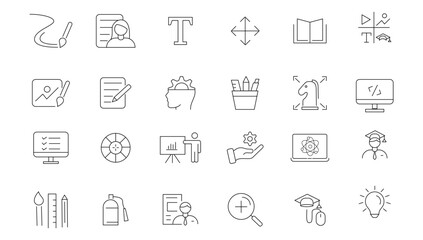  Set of thin line icons of graphic design. Simple linear icons in a modern style flat, Creative Process. Graphic design, creative package, stationary, software.