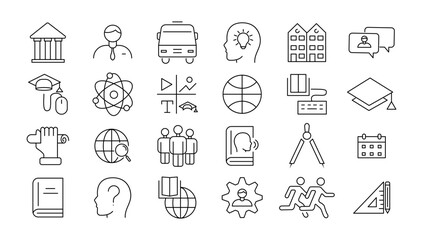  E-learning icon set. Online education icon set. Thin line icons set. Distance learning. Containing video tuition, e-learning, online course, audio course, educational website. Vector illustration.