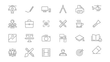  Set of thin line icons of graphic design. Simple linear icons in a modern style flat, Creative Process. Graphic design, creative package, stationary, software.
