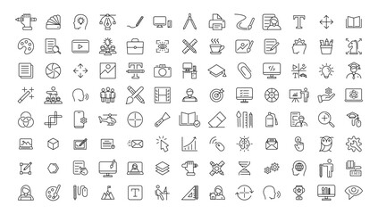 Set of thin line icons of graphic design. Simple linear icons in a modern style flat, Creative Process. Graphic design, creative package, stationary, software.