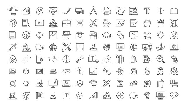 Set of thin line icons of graphic design. Simple linear icons in a modern style flat, Creative Process. Graphic design, creative package, stationary, software.