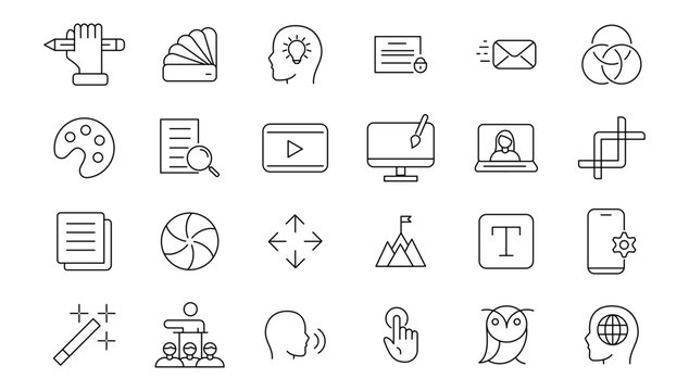  Set of thin line icons of graphic design. Simple linear icons in a modern style flat, Creative Process. Graphic design, creative package, stationary, software.
