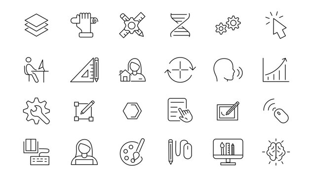  Set of thin line icons of graphic design. Simple linear icons in a modern style flat, Creative Process. Graphic design, creative package, stationary, software.