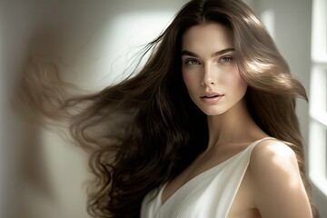 Naklejka premium Beautiful long hair woman model poses for hair product banner