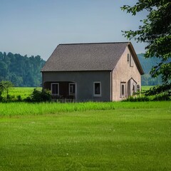 Fototapeta na wymiar Modern house with green grass field
