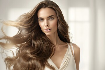 Fototapeta premium Beautiful long hair woman model poses for hair product banner
