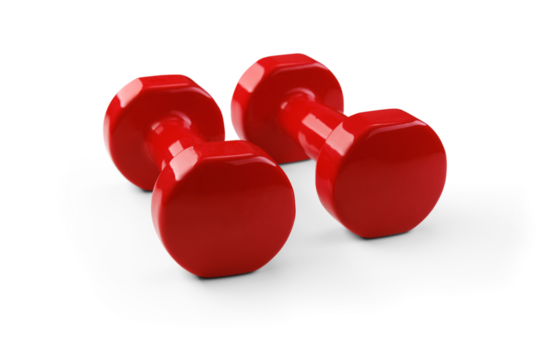 A pair of red dumbbells isolated with a shadow on a transparent background. Selective focus.