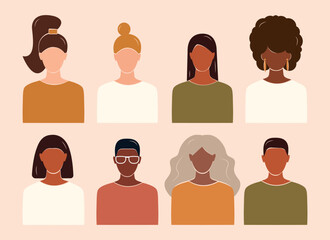 Set of abstract black women characters. Contemporary portraits. African american faceless female portrait. Clipart for banner, oster, flyer, greeting card, web design, print design. Vector. EPS 10