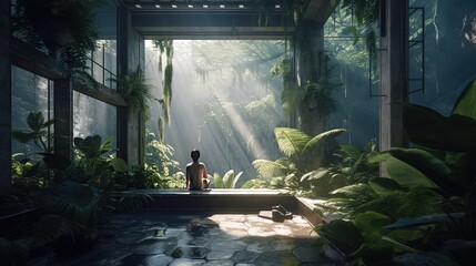 jungle view tranquil terrace with sunlight shine through tree shade with smoke and fog drifting show the ray of light, Generative Ai