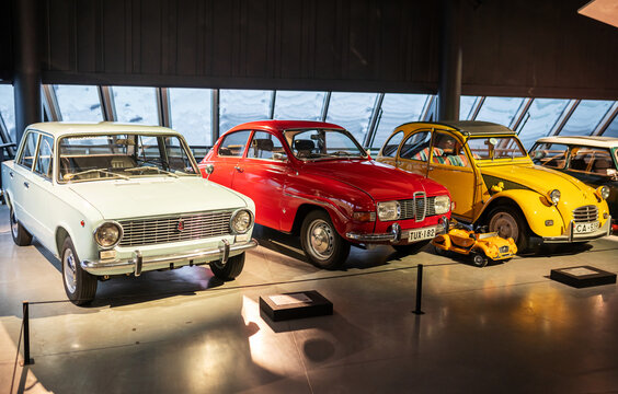 Soviet and Baltic Retro Cars at the Riga Motor Museum. VAZ-2101, 1969 Saab 96. Riga, Latvia - March 12, 2023