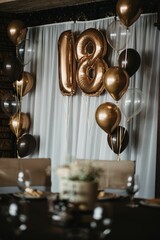 Vertical shot of an 18 birthday decoration with golden anniversary balloons on the white background
