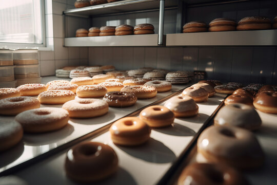 Ready to eat donuts in the bakery. Sweet food. Digitally generated ai image.