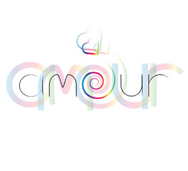 romantic typography with amour text and hearts in rainbow colors on white background