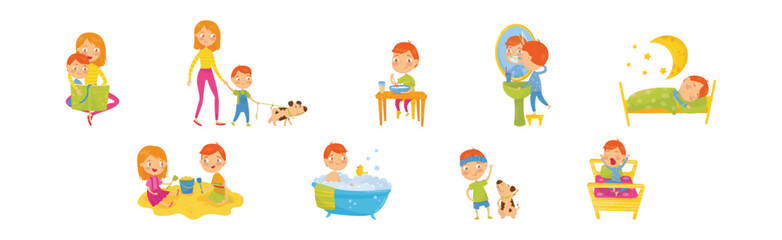 Little Boy Engaged in Daily Activity and Everyday Routine Vector Set