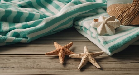 summer spa theme, starfish with towel, idea for comfortable with summer season and tropical beach atmosphere background, Generative Ai