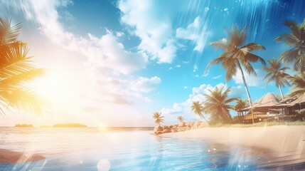 Fototapeta na wymiar tranquil paradise island resort with seascape in sunny day, white sand beach and blue water, idea for summer season background wallpaper, Generative Ai