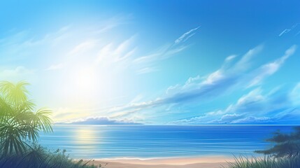 Fototapeta na wymiar painting illustration style of beautiful white beach blue water seascape paradise bay on tropical island, idea for summer travel background wallpaper, Generative Ai