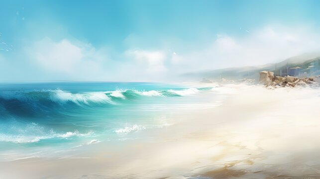 paint like illustration of white sand beach blue ocean, Generative Ai