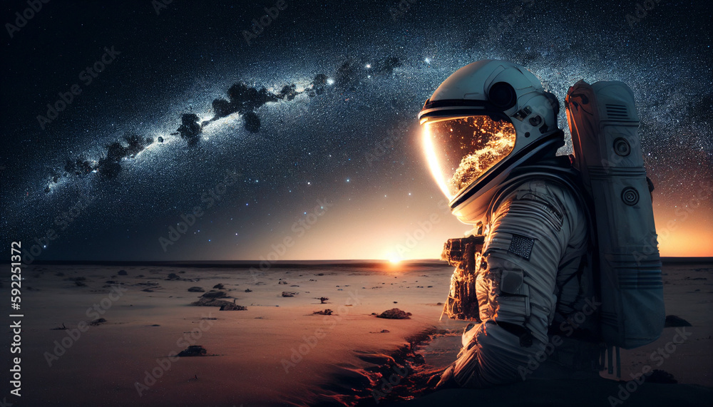 Wall mural astronaut enjoying the milky way galaxy view on the beach at night with helmet - generative ai