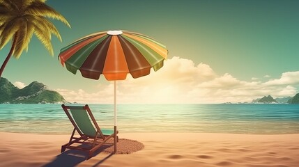 Beach, umbrella and sun, bed on the seashore, sun, relaxation, illustration, AI